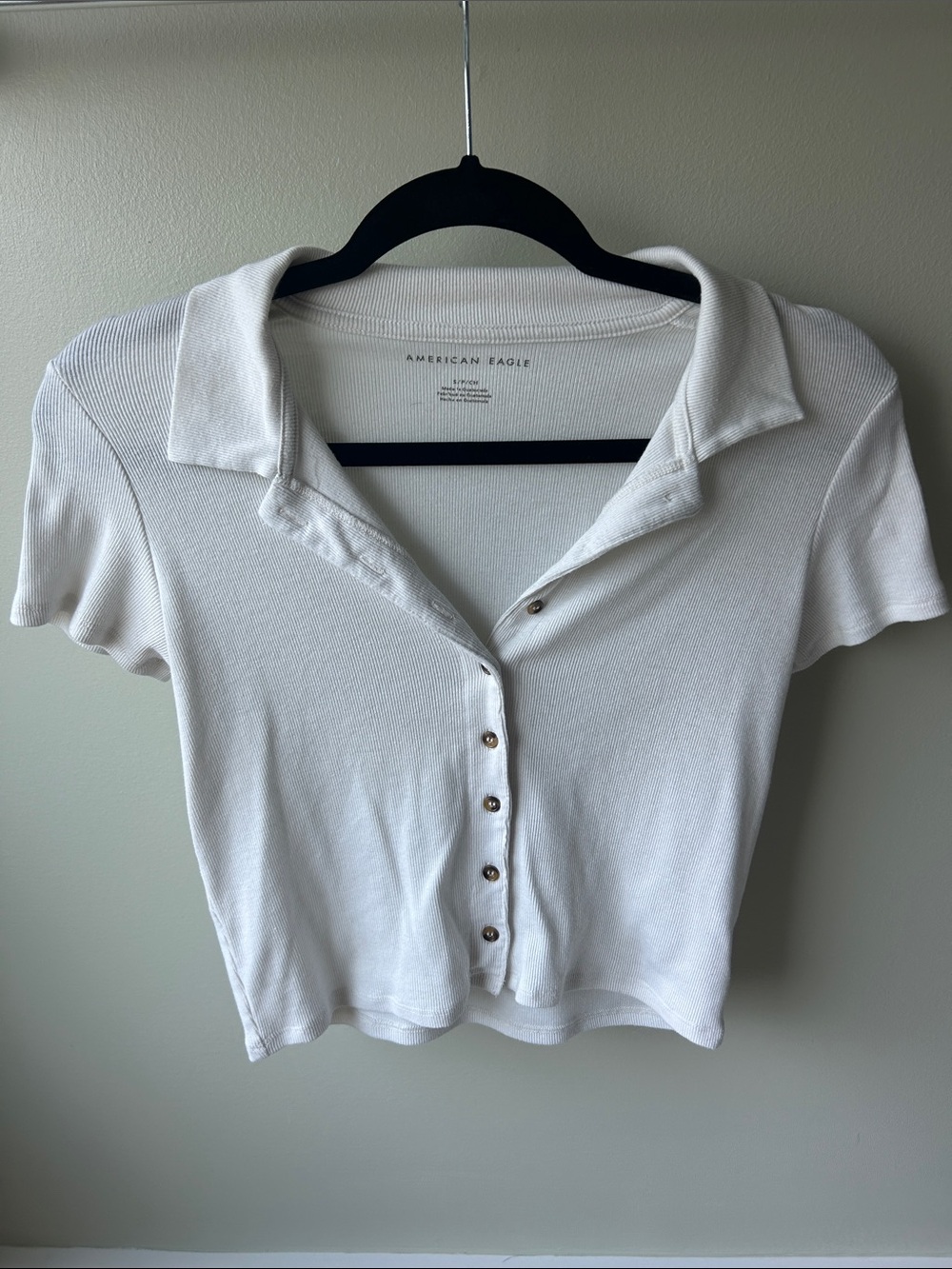 American Eagle Outfitters White Ribbed Short-Sleeve Button Polo